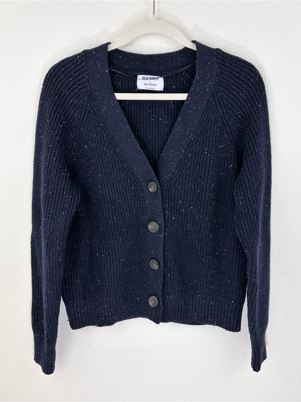 Old Navy Cozycore Small Speckled Ribbed Button Cardigan | Relaxed Fit